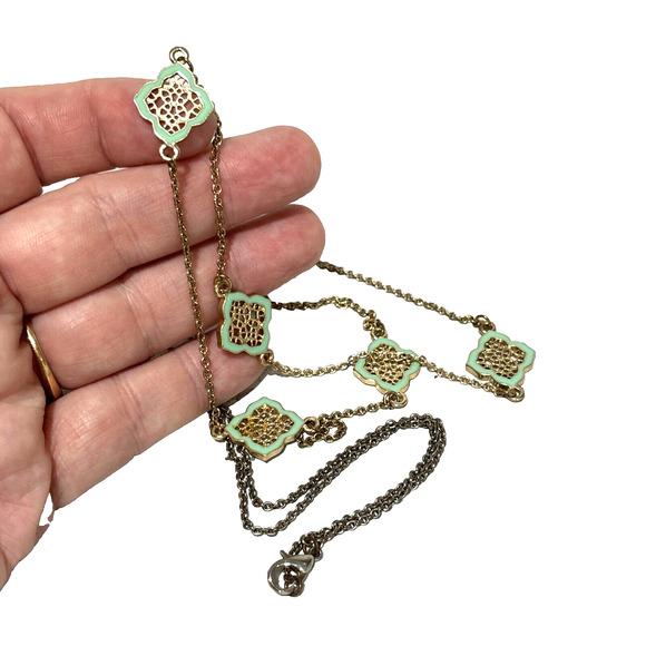 Fine Gold Station Chain Necklace w/ Mint Green Sections Single Strand Fashion - Picture 5 of 9